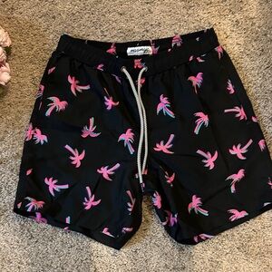 Men's Black Swim Hybrids with Pink Palm Print by Maamgo